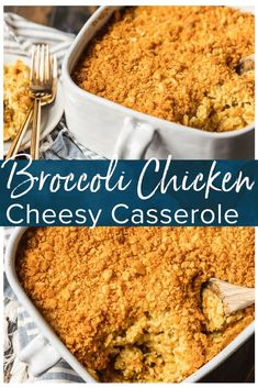 broccoli chicken cheesy casserole in a white dish