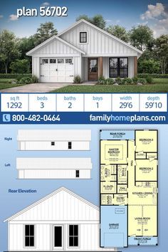 two story house plan with 3 bedroom and 2 bathrooms in the front, an open floor plan