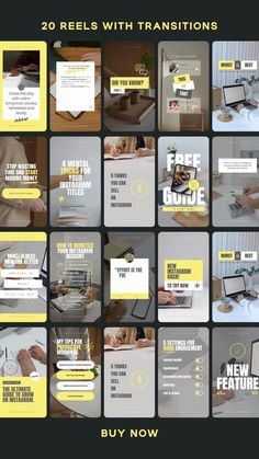 a bunch of yellow and gray web pages with different images on them, including the words'20 reels with transitions '