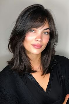 Medium-length hair with side bangs is a versatile and stylish look that complements various face shapes and hair textures. Side Fringes For Short Hair, Haircut With Bangs Medium Length Hair, Off Center Bangs, Medium Length Side Bangs, Dark Brown Hair Bangs Mid Length, Long Bangs Medium Length Hair, Side Short Bangs, Short Hair With Bangs For Long Face, Shoulder Length Side Bangs