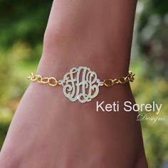 "Beautifully designed script monogram initials bracelet with large link chain. Order any initials and it will be hand crafted by our talented jewelers. Special gift for Mom, wedding, anniversary, birthday, etc. Designs by Keti Sorely. Metal options: * Sterling Silver * Sterling Silver with yellow gold overlay * Sterling Silver with rose gold overlay Monogram diameter is options from 1/2\" to 1\" Bracelet comes with large link chain. Bracelet length is optional between 6\" to 8.5\". 1-3 letters o Initials Bracelet, Special Gifts For Mom, Monogram Bracelet, Bracelet Initial, Jewellery Gold, Gold Overlay, Toggle Bracelet, Name Jewelry, Initial Bracelet