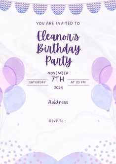 a birthday party flyer with balloons and confetti on it's back cover