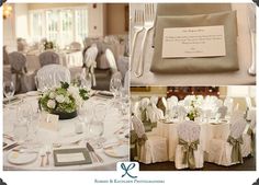 the tables are set with white linens and silverware for an elegant wedding reception