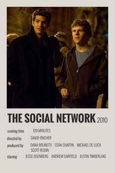 two men standing next to each other in front of a poster for the social network