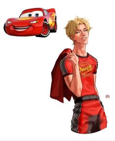 an image of a cartoon character with cars coming out of his shirt and another character in the background