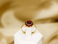 Experience the timeless elegance and sophisticated charm of our vintage 8K gold ring, artfully decorated with sparkling round-shaped garnet gemstones. Made from high-quality 333 yellow gold, this ring embodies classic beauty and excellent craftsmanship. With a ring size of 58, this ring offers a perfect fit for many wearers. The focus of the design is a large, round garnet gemstone, which is surrounded by other smaller round garnet gemstones. This elegant arrangement gives the ring a special dep Elegant Hallmarked Garnet Birthstone Ring, Classic Yellow Gold Garnet Birthstone Ring, Classic Garnet Birthstone Ring In Yellow Gold, Formal Yellow Gold Garnet Birthstone Ring, Formal Gold Garnet Birthstone Ring, Elegant Garnet Birthstone Ring, Formal Yellow Gold Garnet Cluster Ring, Elegant Formal Ruby Ring With Halo Design, Elegant Ruby Ring With Halo Design For Formal Events