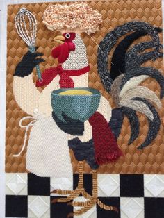 an image of a rooster with a whisk on it's head in the kitchen