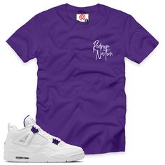 "Metallic Purple 4 Redrum Nation T-Shirt with print on a premium 100% cotton true to size regular classic fit available in purple / white short sleeve t-shirt design for the Air Jordan 4 Retro \"METALLIC PURPLE\" 2020. Wear this comfortable short sleeve T-shirt on any occasion. (sneakers shown not included) REDRUM CLOTHING is a independent sneaker based lined to compliment all Jordans/Foamposite or any shoe we do not have any affiliation with Air Nike/Jordan brand. True to size Regular fit T-shi Jordan 4 Retro Metallic Purple, Jordan 4 Retro Metallic, Air Nike, All Jordans, Purple Outfit, Shirt Outfit Men, Jordan 3 Retro, Air Jordan 3 Retro, Purple Outfits