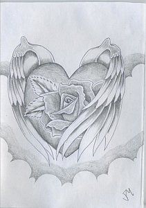 a pencil drawing of an angel's heart with wings and a rose on it