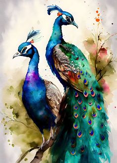 two peacocks standing next to each other on a tree branch with watercolor splashes