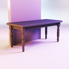 a purple table sitting on top of a white floor next to a pink wall in the background