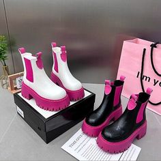 Category:Boots; Upper Materials:PU; Season:Winter,Fall; Heel Type:Platform,Chunky Heel,Low Heel; Gender:Women's; Toe Shape:Round Toe; Type:Booties Ankle Boots; Style:Cute,Fashion,Casual,Preppy; Heel Height(inch):1-2; Outsole Materials:Rubber; Occasion:Outdoor,Work; Closure Type:Loafer; Pattern:Color Block; Listing Date:08/22/2023; 2023 Trends:Platform Boots,Chelsea Boots,Pink Shoes; Foot Length:null; Foot Width:null Cool Colorful Boots, Styling Chunky Boots Plus Size, Pattern Ankle Boots, Pink And Black Chelsea Boots, Ankle Boots Colorful, New Trend Boots, Color Platform Boots, Unique Shoes Boots, Winter 2022 Shoe Trends