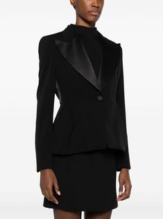 Proteo peplum blazer from Max Mara featuring satin trim, pleat detailing, fabric-covered buttons, enamel buttons, wide peak lapels, buttoned cuffs, peplum waist, full lining, black, virgin wool blend, front button fastening, long sleeves and straight hem. This item is in size 40 and the color is Black Peplum Blazer, Black Peplum, Fabric Covered Button, Leather Cap, Womens Blazers, Short Leggings, Emilio Pucci, Office Fashion, Fall Wardrobe