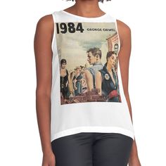 Women's sleeveless tank with vivid edge-to-edge sublimation print on front. Spliced materials for comfort. Front panel made from silky chiffon and solid color black or white jersey back. Sizes available XS- 2XL. Original book cover design from 1948/1984 Retro Graphic Print Sleeveless Tank Top, Fitted Sleeveless Vest With Graphic Print, Retro Black Tank Top, Black Retro Sleeveless Tank Top, Summer Sublimation Print Sleeveless Tank Top, Sleeveless Sublimation Print Tank Top For Summer, Sleeveless Tops With Sublimation Print For Summer, Summer Sleeveless Tank Top With Sublimation Print, Sleeveless Cotton Top With Sublimation Print