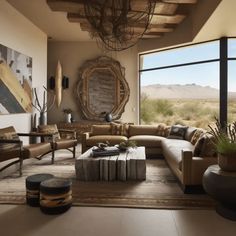 a living room filled with lots of furniture and large windows overlooking the desert landscape outside