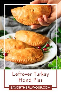 leftover turkey hand pies on a white plate with greenery around the edges