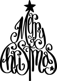 a merry christmas tree with the word merry written in black and white ink on a white background