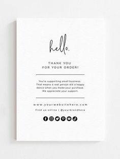 a thank card with the words hello written in cursive font and black ink