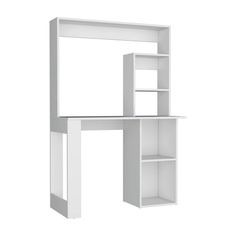 a white desk with shelves on the top and one shelf open to show bookshelves