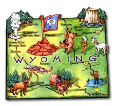 a cartoon map of wyoming with animals, mountains and other things to see on it