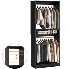 an open closet with clothes hanging on racks