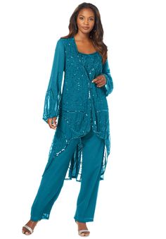 Made of lightweight georgette, this three-piece ensemble is embellished with beading on the top, jacket and pant. Scoop neck. Wide-leg pants with an elastic waist. Open-front jacket. Jacket: 40" length; Top: 28" length; Pants: 30" inseamPetite Jacket: 40" length; Top: 27" length; Pants: 29" inseamPoly georgetteDry cleanImported Customers also love our Three-Piece Lace Duster & Pant Suit. Click here to shop! Customers also love our Lace Popover Dress. Click here to shop!Customers also love our Vi Elegant Pant Suits For Women, Mother Of The Bride Plus Size Pant Suits, Grandmother Of The Bride Pant Suits, Dressy Pants Outfits For Wedding, Mother Of The Bride Pants Outfit, Wedding Trouser Suits, Formal Pant Suit, Dressy Pant Suits, Plus Size Pant Suits