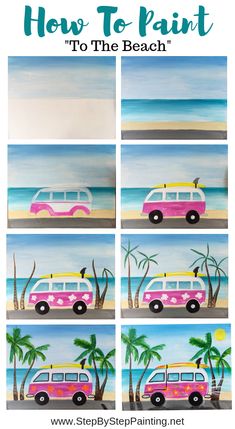 how to paint beach scene with pink van and palm trees on the beach, step by step