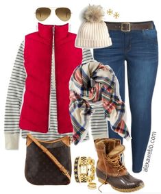 A plus size red vest outfit idea. Preppy and cute plus size snow day outfit with duck boots. Plaid scarf and plus size henley shirt. Red Vest Outfits For Women, Red Vest Outfit, Plus Size Winter Outfit, Puffer Vest Outfit, Vest Outfits For Women, Plus Size Winter Outfits, Look Plus Size