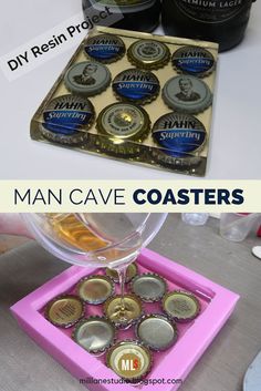 two pictures with different types of beer in them and the same one is labeled man cave coasters