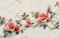 an artistic painting of pink roses on a white background with green leaves and buds in the foreground