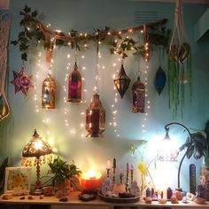 a table topped with lots of lights and decorations