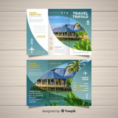 a travel tri fold brochure with an image of a house and palm trees