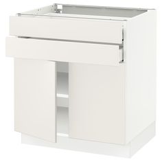 an image of a white kitchen cabinet with doors and drawers on the bottom half side