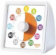 a white clock with colorful numbers on it