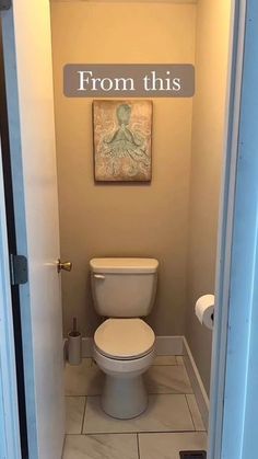 an open door leading to a bathroom with a sign on the wall that says, from this