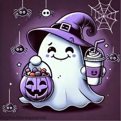 a cartoon ghost holding a cup of coffee and a candy bar in it's hand