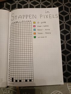 an open notebook with graph paper on top of it and the words stephen pixels written in different colors