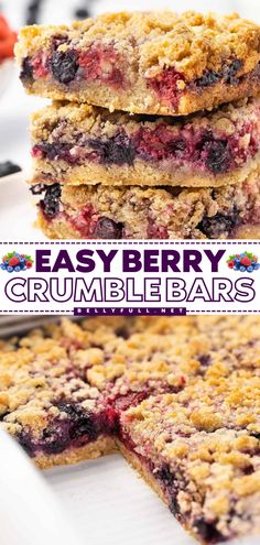 Made with a mix of blueberries and raspberries between a sweet crumb mixture, these Berry Crumble Bars are quick and easy to make, have a tender texture, and crazy delicious. Using fresh or frozen fruit, makes this crumb bar recipe a perfect year-round dessert. Mixed Berry Crumble, Berry Crumble Bars, Berry Dessert Recipes, Crumb Bars, Fruit Crumble, Berry Crumble, Berry Breakfast, Berry Recipes