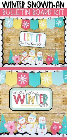 the winter snowman bulletin board kit is on display in front of a wooden background