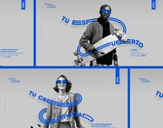 three different images of a man holding a skateboard and wearing sunglasses, with the caption tu escuero