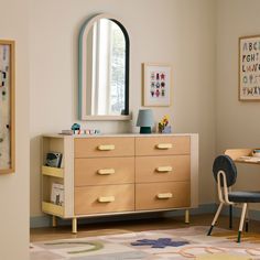 a child's bedroom with a dresser and mirror