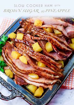 the cover of slow cooker ham with brown sugar and pineapple