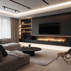 modern living room with fireplace and large screen tv