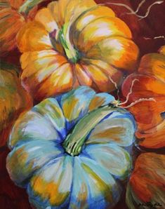 an oil painting of pumpkins and gourds