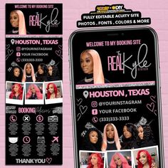 a mobile phone with an ad for houston texas hair salon on the front and back