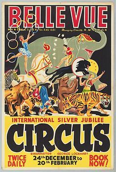 an old circus poster with people on the front and back cover, featuring circus characters