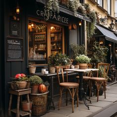 the outside of a restaurant with tables and chairs in front of it, surrounded by potted plants