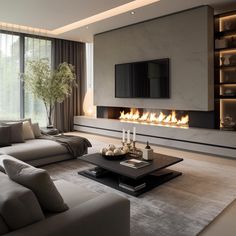 modern living room with fireplace and large windows