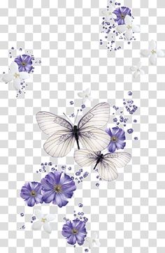 blue and white butterflies flying in the air, with purple flowers on them transparent background png