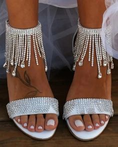 Lasaky - Rhinestone Tassel Decor Wedding Guest Heels Rhinestone Wedding Sandals, Wedding Guest Heels, Winter Wedding Shoes, Rhinestone Party, Ruched Pants, Tassel Decor, Purple Details, Tassels Decor, Floral Bodycon